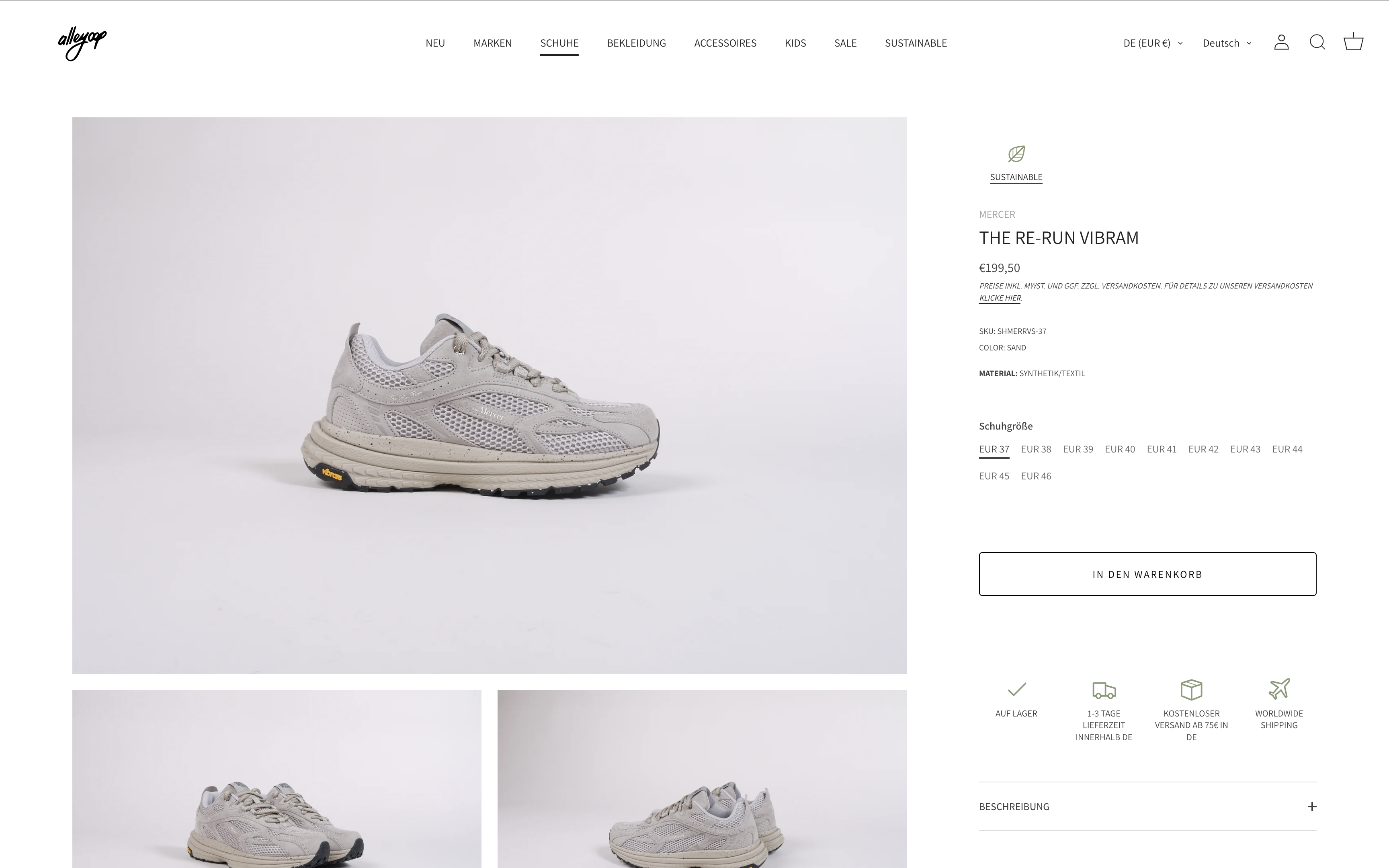 Produktdetailseite des Alleyoop Onlineshop